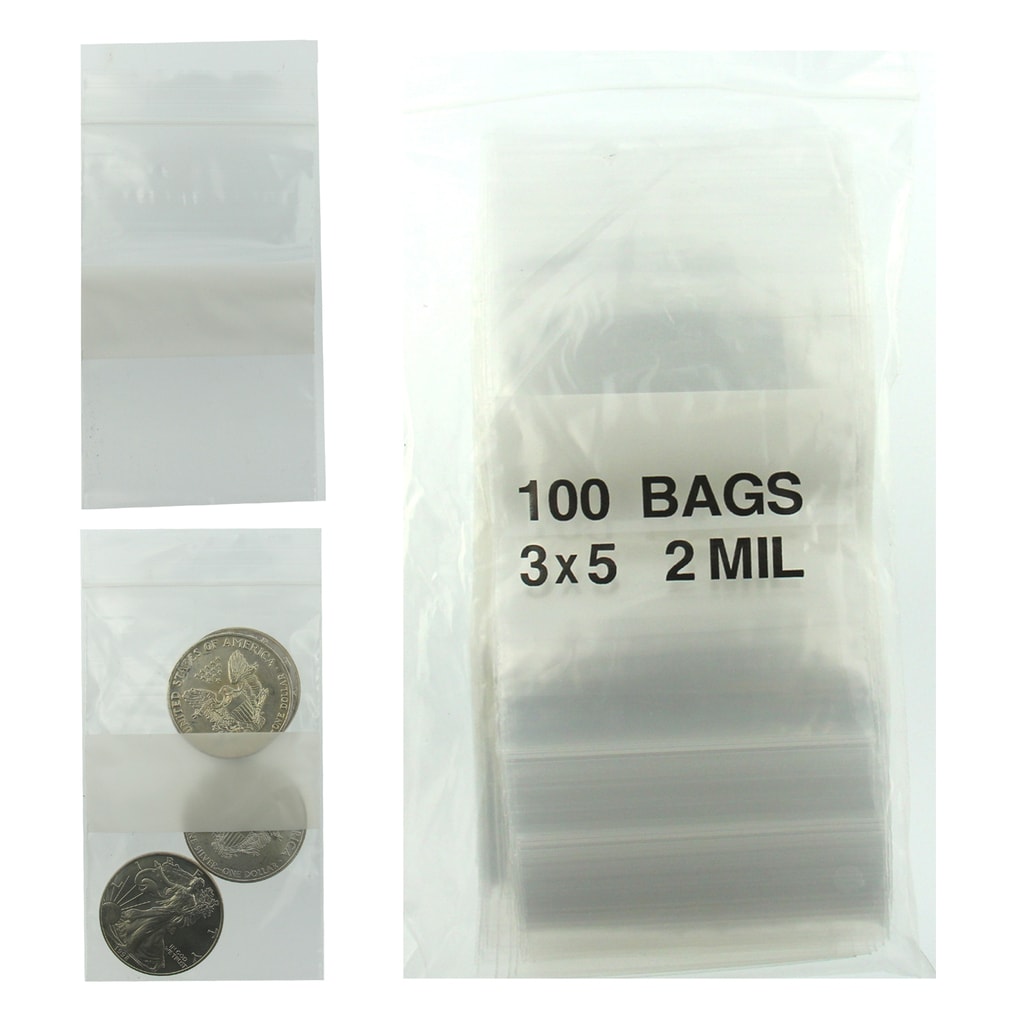 3x5 Plastic Resealable Bags w/ Writing Block Clear Zip Lock 2 Mil